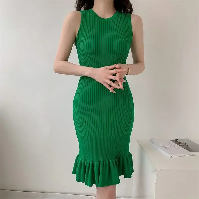 Slimming Knit Dress Sleeveless Fish Tail Leaf Design