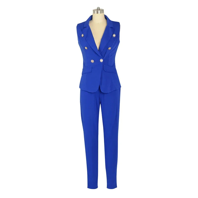 Elegant Women's Two Piece Suit Set with Sleeveless Blazer