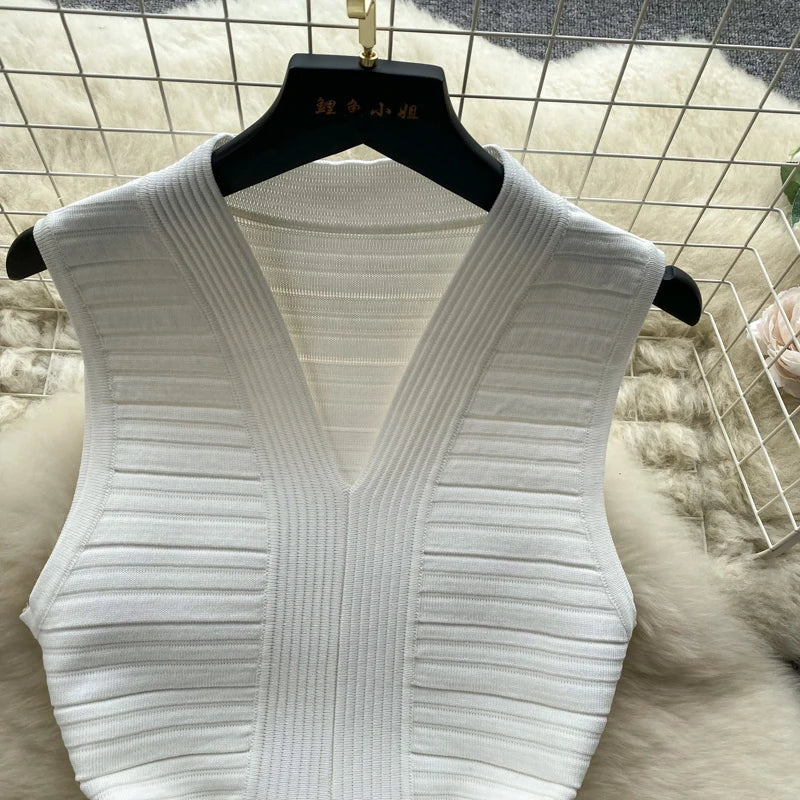White Knit Tank Dress V Neck Sleeveless Bodycon Wrap Dress