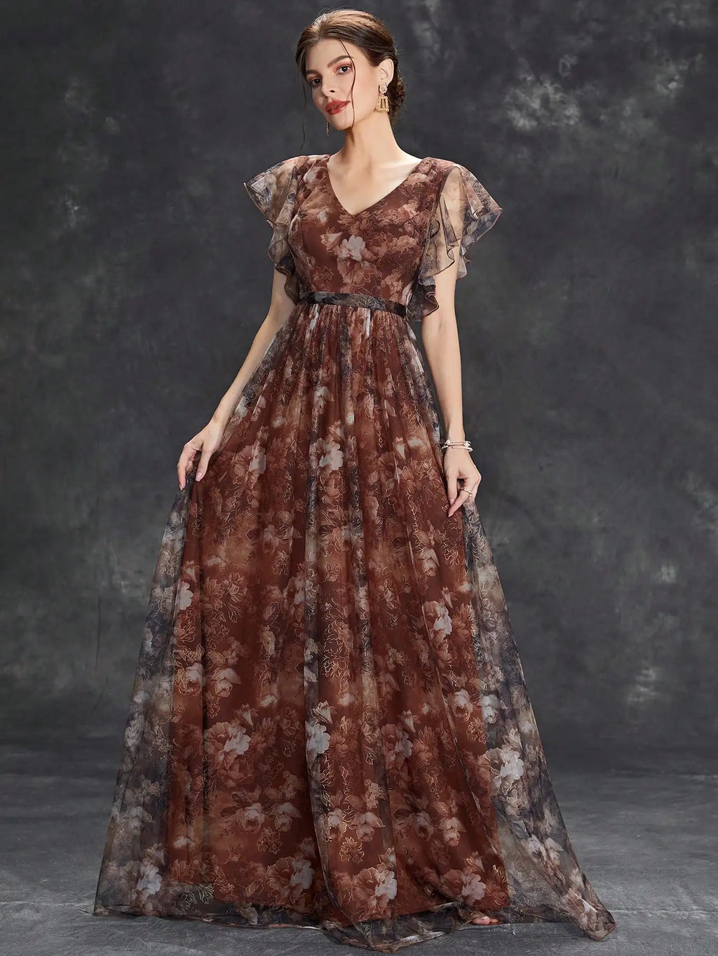 V Neck Lace Patchwork Evening Gown With Ruffled Sleeves