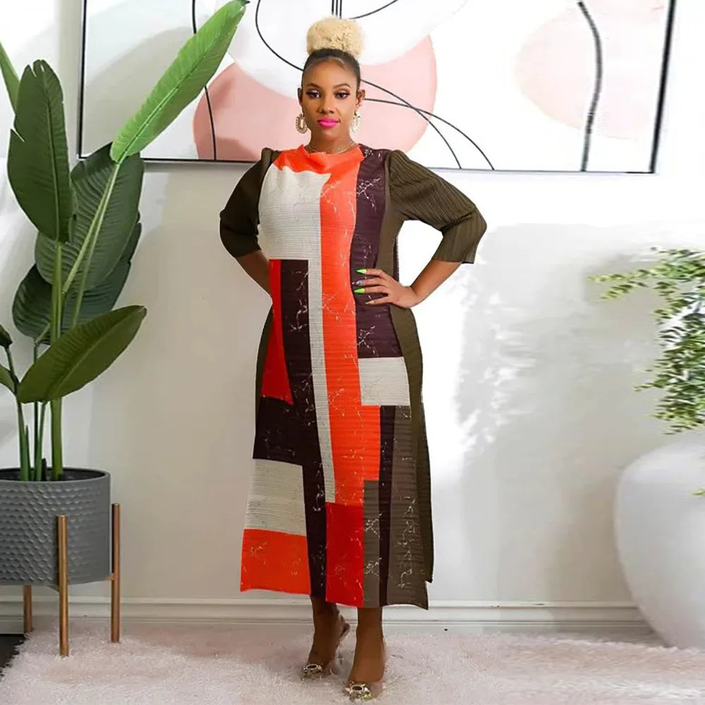 Leaf Print Pleated Boho Maxi Dress for Women Casual Beach