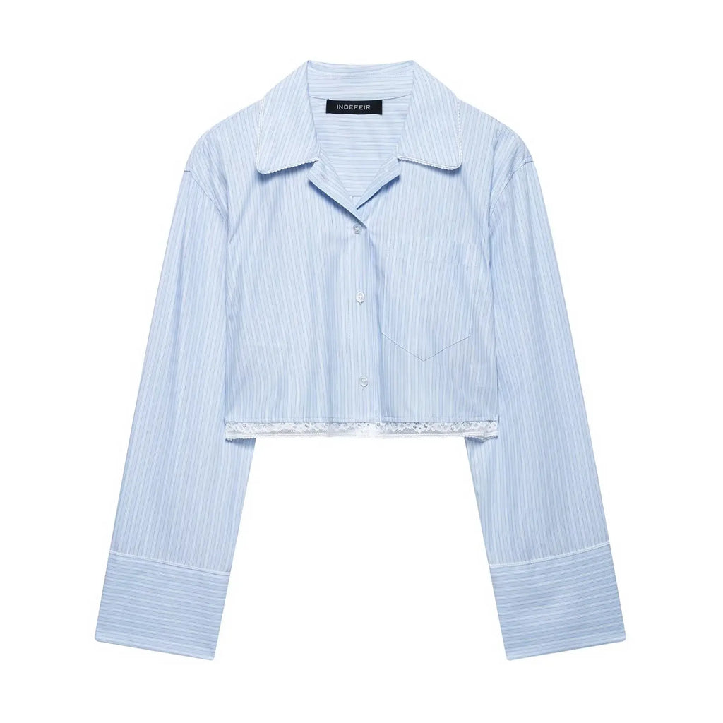 Women's Chic Two-Piece Blue Striped Long Sleeve Shirt and Front Zipper Mini Skirt Set