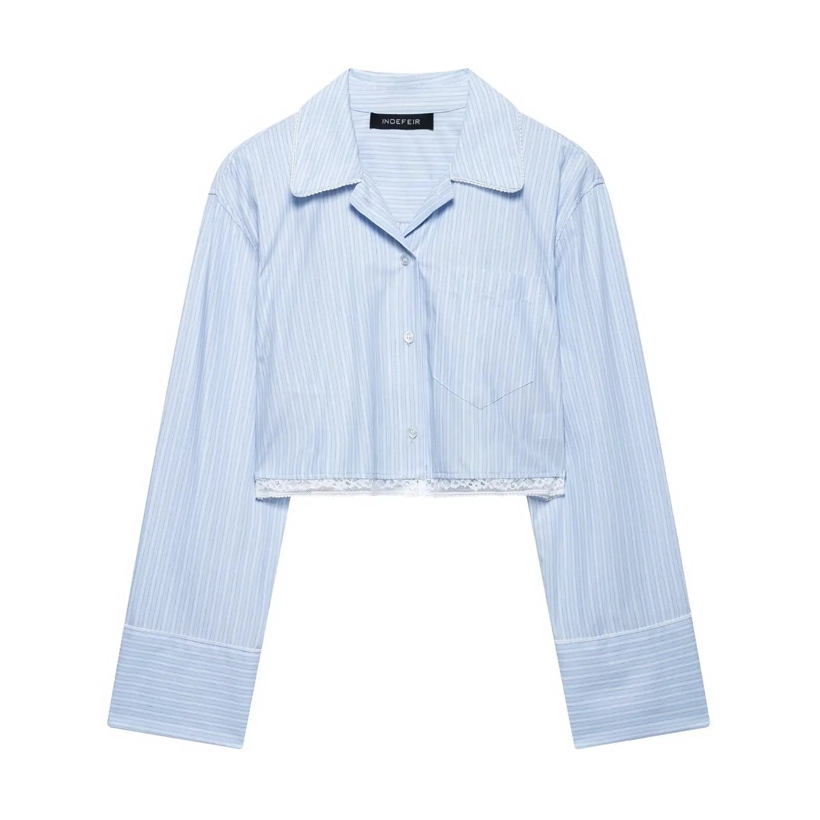 Women's Chic Two-Piece Blue Striped Long Sleeve Shirt and Front Zipper Mini Skirt Set