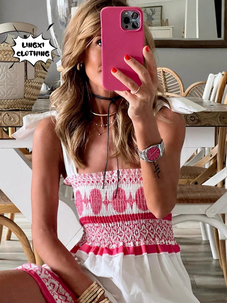 Bohemian Lace Up Maxi Dress Print for Beach Resort Wear