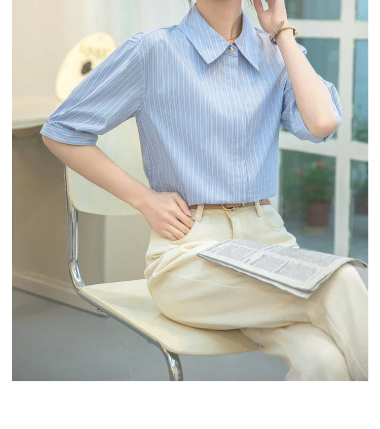Women Casual Blue Stripe Short Sleeve Polo Collar Shirt Elegant Loose Office Blouse Single Breasted Summer Chic Top