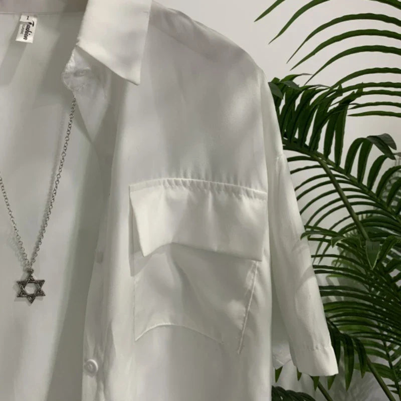 Women's Black Blouse with Necklace Decoration Summer Shirt Loose Fit Short Sleeve Pocket Design Preppy Collar Stylish Blusas