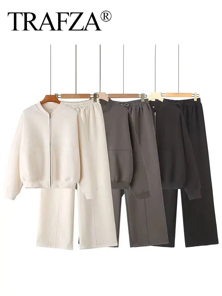 Autumn Women's Thick Hoodie Coat with Drawstring High Waist Loose Casual Pants Set Soft Fleece Lined Streetwear