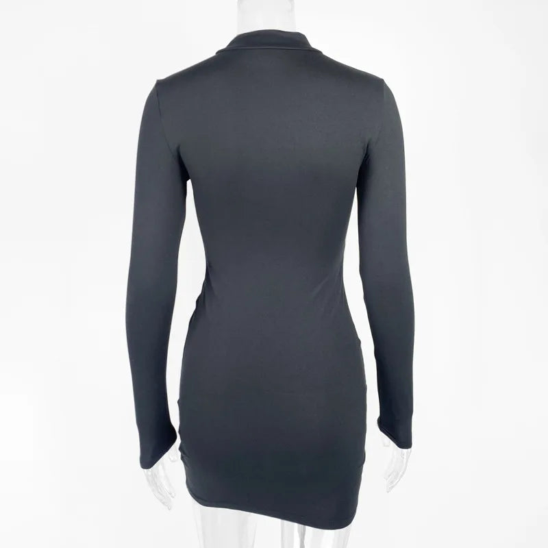 Black Bodycon Mini Dress With Drawstring Ruched Long Sleeve