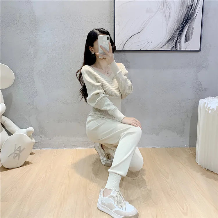 Elegant Ribbed Knitted Two Piece Tracksuit Set for Women with Backless Top and Long Harem Pants