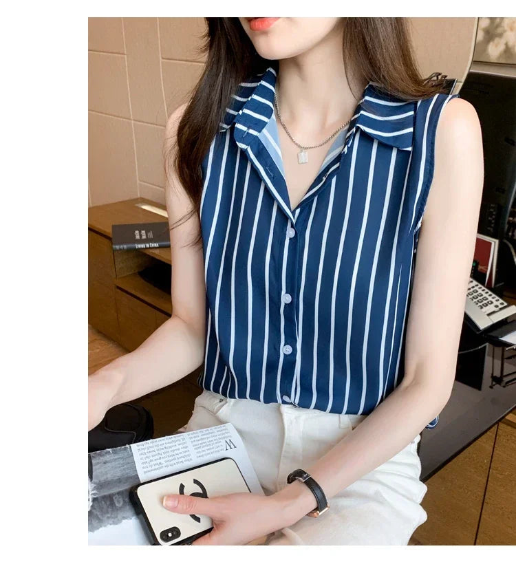 Striped Sleeveless Chiffon Blouse for Women Summer Vest Casual Lightweight Tops Basic White Shirt