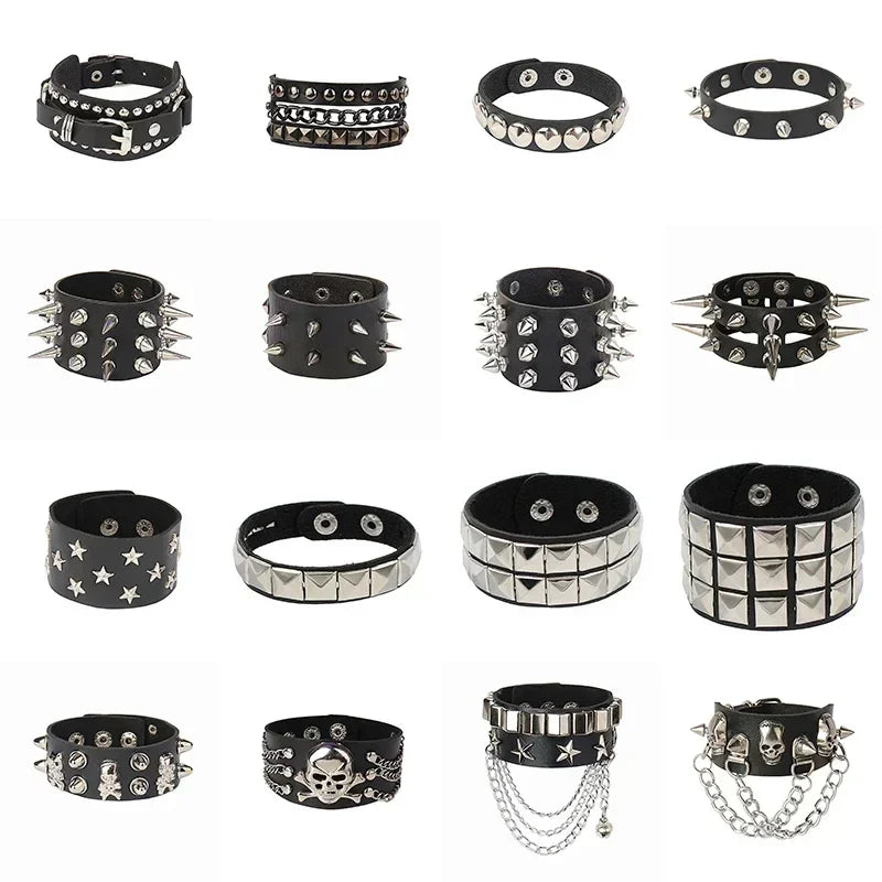 PU Leather Studded Gothic Cuff Bracelet Adjustable Punk Rivet Wristband for Men and Women