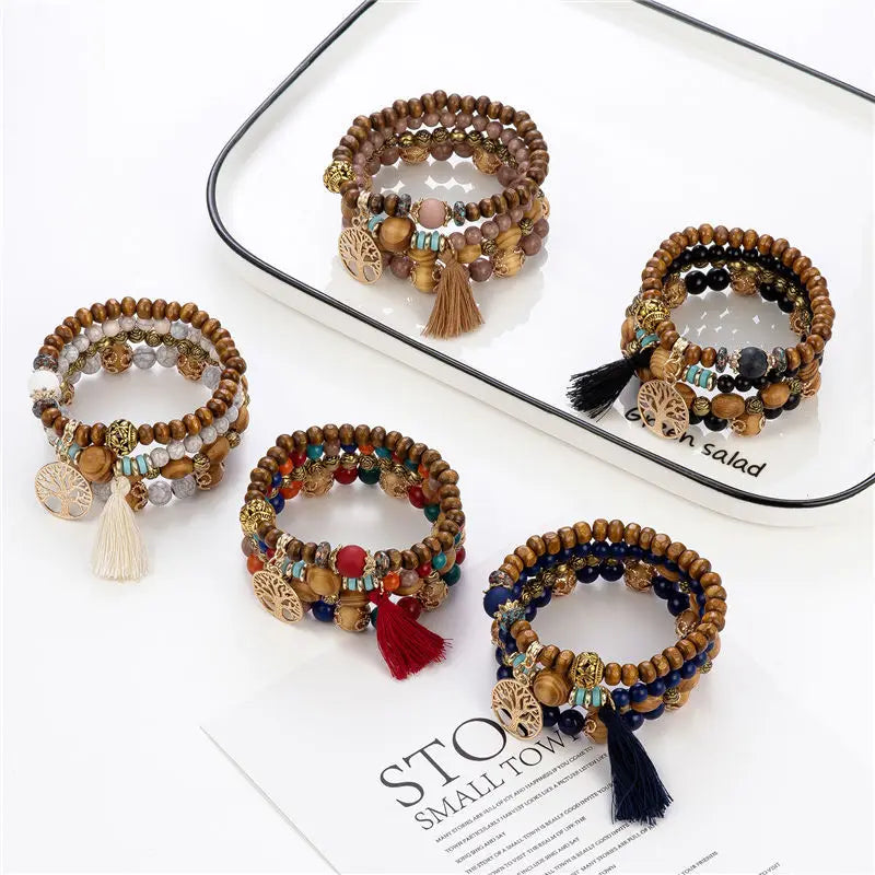 4Pcs Bohemian Tree Of Life Charm Beaded Bracelet Set Handmade Wood Beads Bangle Jewelry for Women