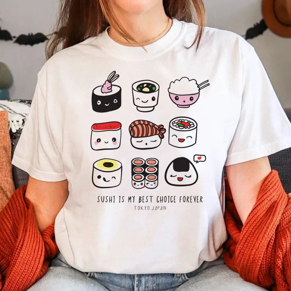 Sushi T-Shirt for Women Summer Manga Graphic Tees Casual Wear