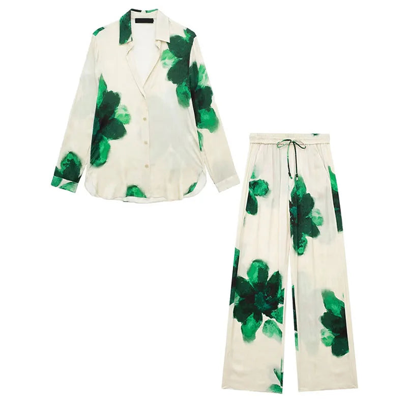 Floral Print Button-Up Shirt and Elastic Waist Wide Leg Pants Summer Set for Women