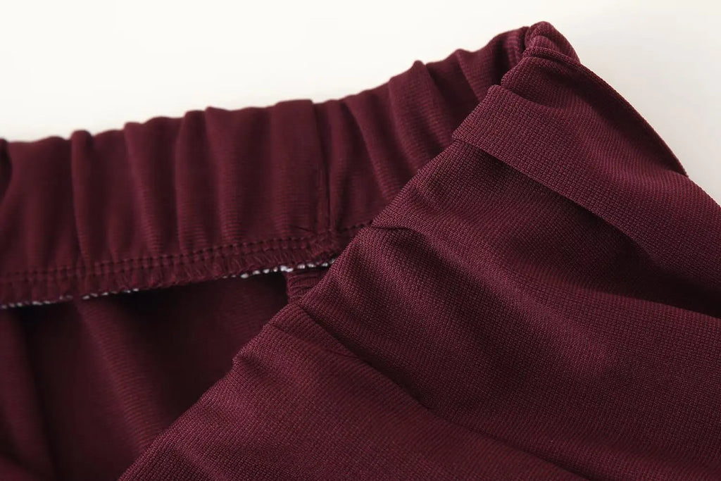 Casual Chic Red Women Elastic Suit with Long Sleeve O Neck Slim Top and High Waist Wide Leg Pants Fashion Set