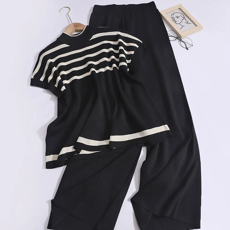 Women Casual Striped Sleeveless Pullover and Wide Leg Pants Two-Piece Set for Spring and Summer