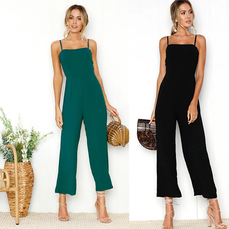 Women Sleeveless Bib Dungarees Jumpsuit Casual Loose Fit Solid Color Wide Leg Overalls with Spaghetti Straps for Autumn