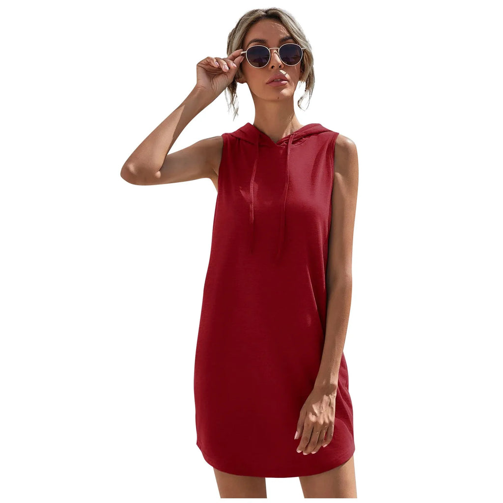 Womens Sleeveless Hoodie Dress With Drawstring Streetwear