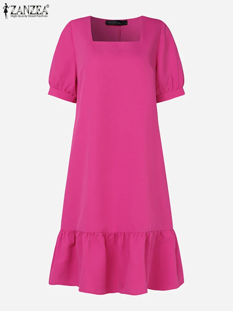 Knee Length Puff Sleeve Dress Women Casual A Line Style