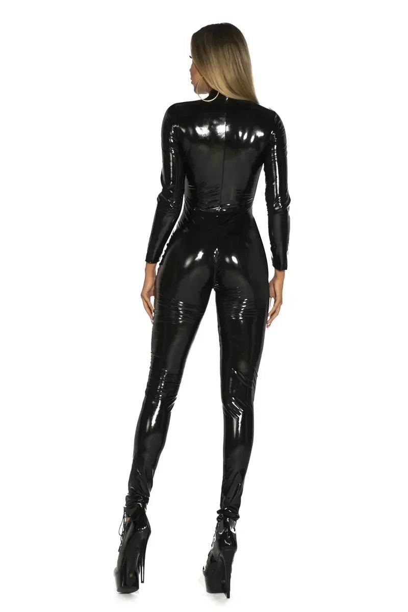 Womens Wet Look PU Leather Jumpsuit Long Sleeve Shiny Latex Bodysuit Zipper Open Crotch Stretch Clubwear Plus Size