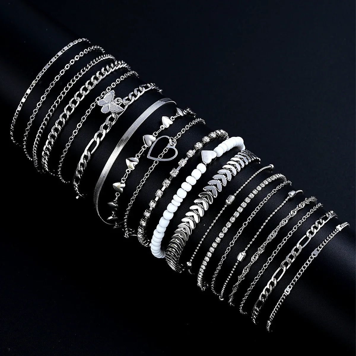 19 Pieces Silver Color Anklet Set for Women with Pearl Butterfly Heart and Crystal Foot Chains Daily Fashion Jewelry