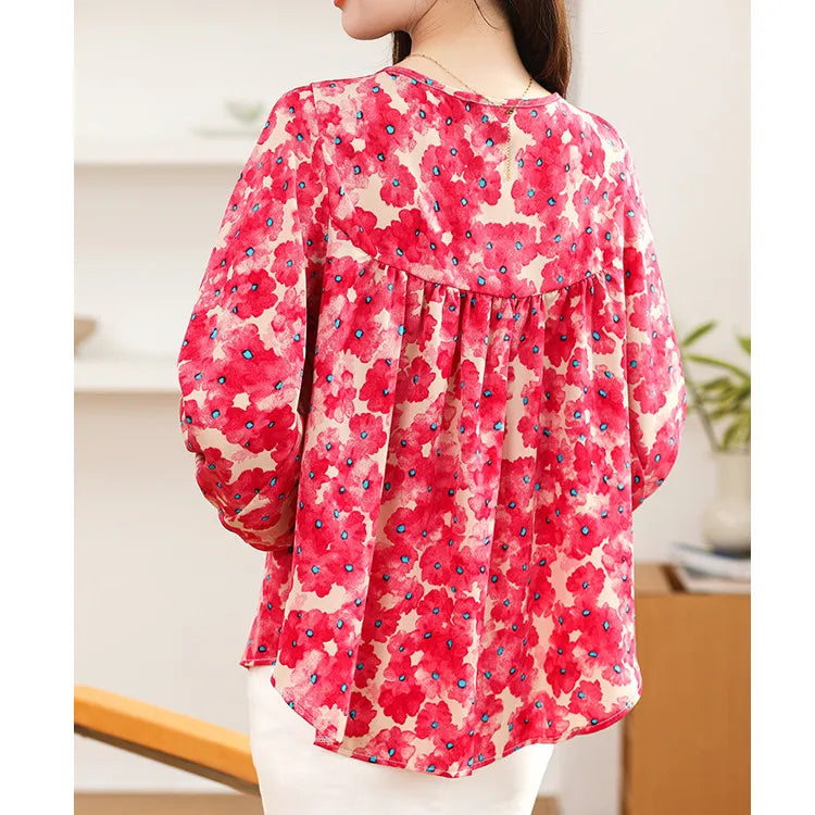 Floral Print Loose Fit Lantern Sleeve Chiffon Blouse Retro Long Sleeve Casual Women's Shirt Top