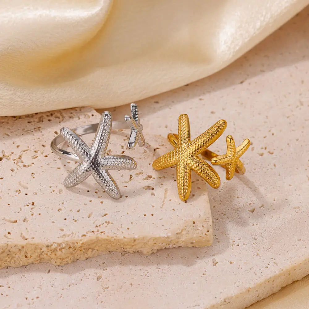 Gold Color Stainless Steel Starfish Open Adjustable Ring for Women Geometric Fashion Jewelry Gift