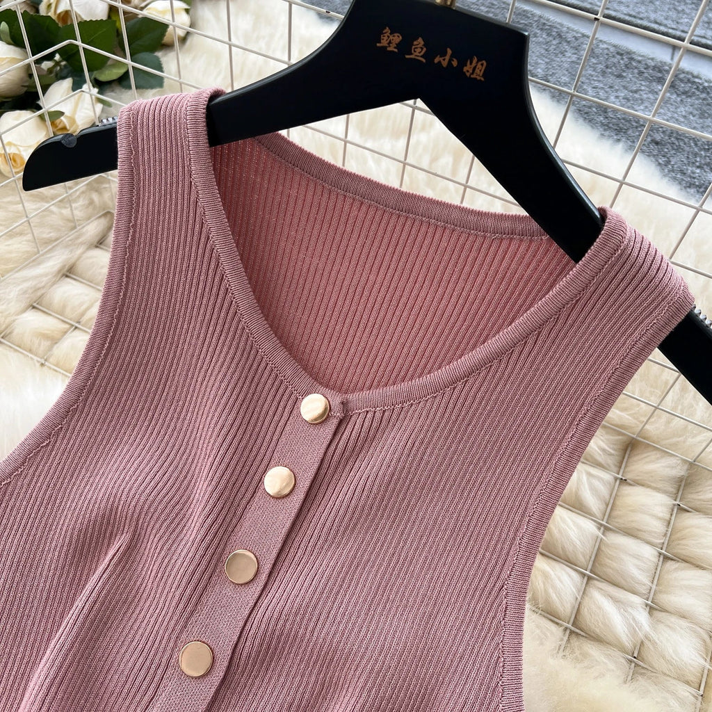 Elegant Solid Knitted O Neck Sleeveless Midi Dress Buttons