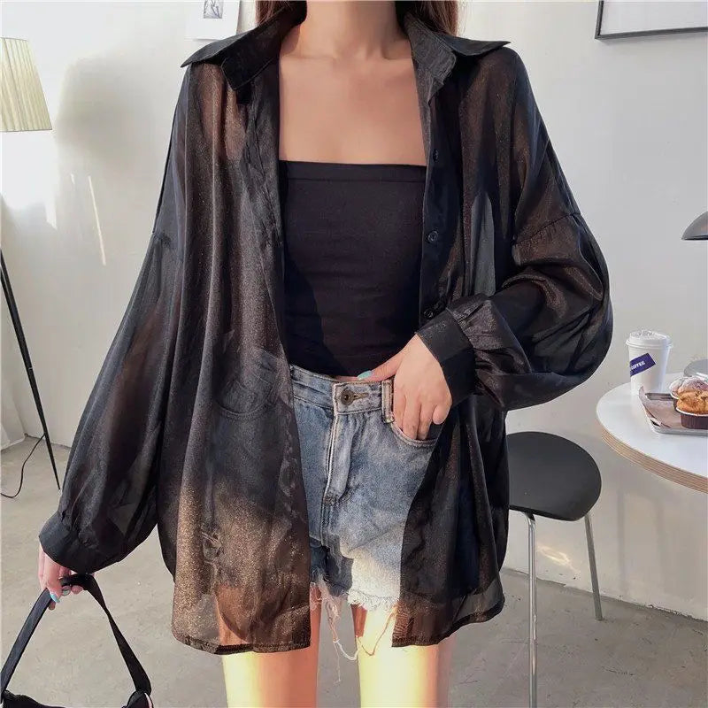 Women's Lightweight Sheer Chiffon Sunscreen Blouse Loose Fit Breathable Summer Shirt All Match Sun Protection Top