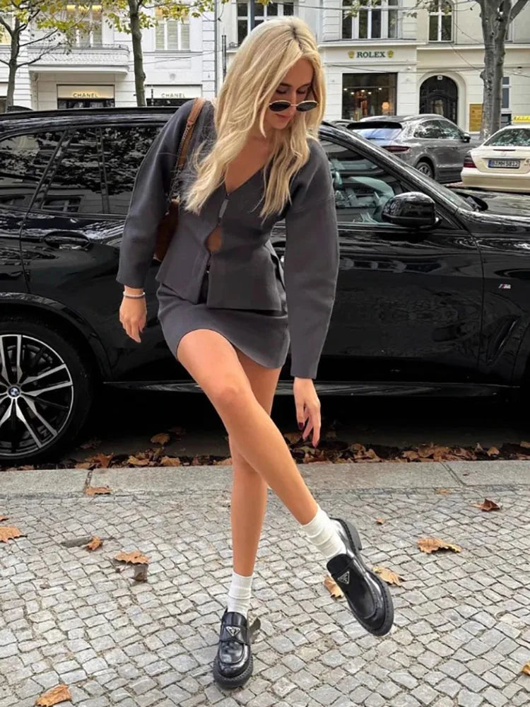 Women's Knit Tailored Cardigan and Skirt Set V-Neck Long Sleeve Jacket with High Waist Elastic A-Line Mini Skirt Stylish Two-Piece Outfit