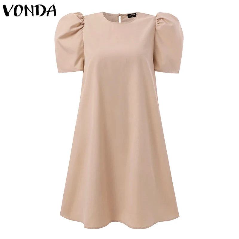 Summer Women Sundress Mini Pleated Puff Sleeve Dress