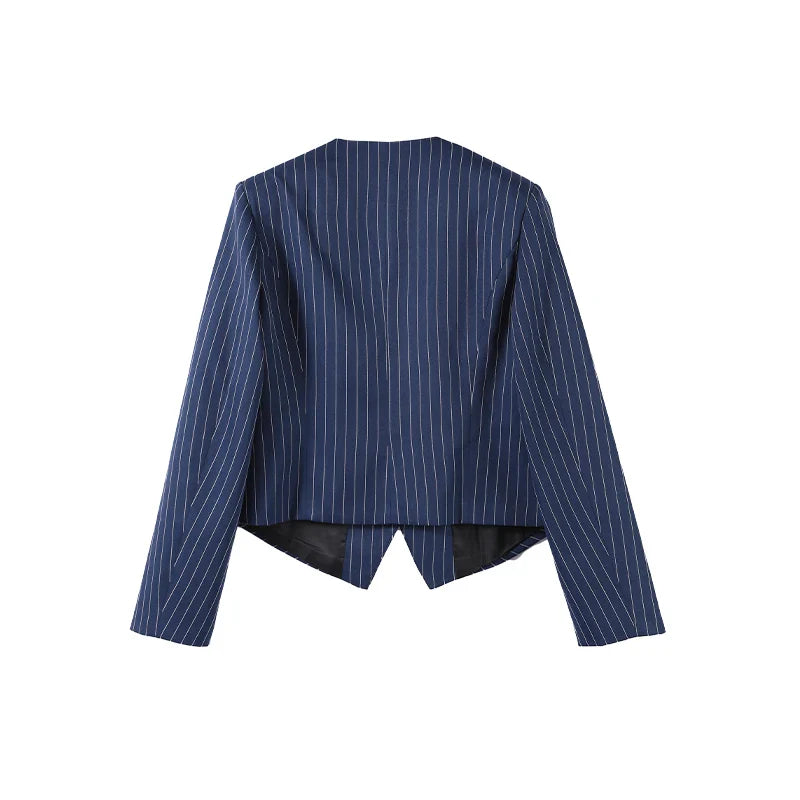 Women's Street Striped Blazer and Skirt Set Slim V-Neck Single Breasted Coat with Ribbon Accent Hip-Hugging Package Skirt Chic Spring Summer Outfit