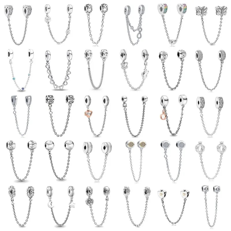 DIY Love Heart Family Safety Chain Bracelet with 925 Silver Star Clip Bead and Flower Charm Gift