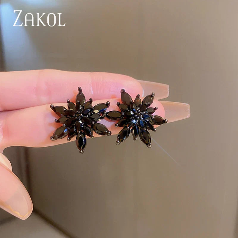 Korea Fashion Black Zircon Flower Stud Earrings for Women Shiny Wedding and Party Jewelry