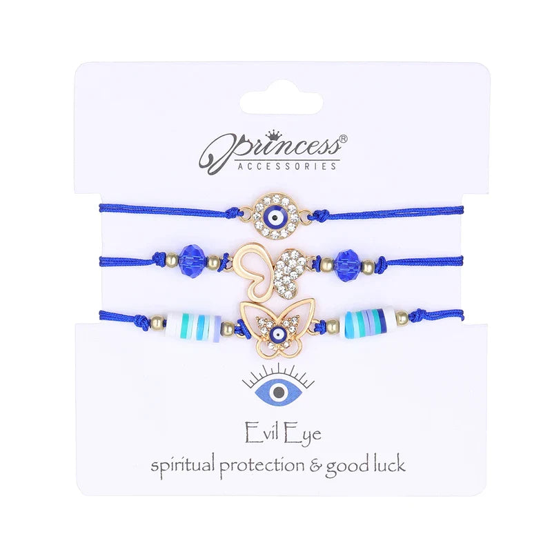3 Pieces Lucky Turkish Blue Evil Eye Bracelets with Fatima Hand Hamsa and Butterfly Charm Handmade Jewelry