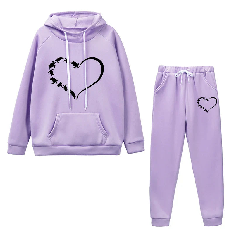 Women's Heart Printed Tracksuit Casual Hoodie and Jogging Pants Set for Daily Wear
