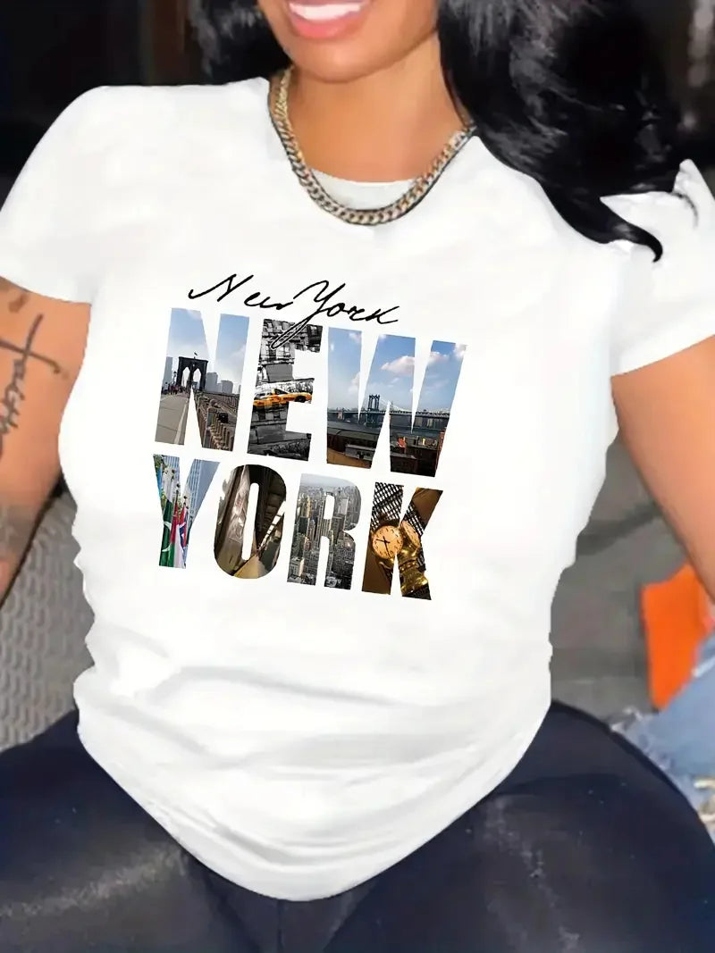 New York Letter Print Graphic T Shirt for Women, Breathable Short Sleeve Crew Neck Summer Tee