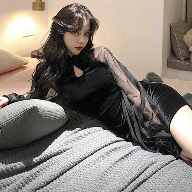 Velvet Qipao Dress With Lantern Sleeves Side Split Mini