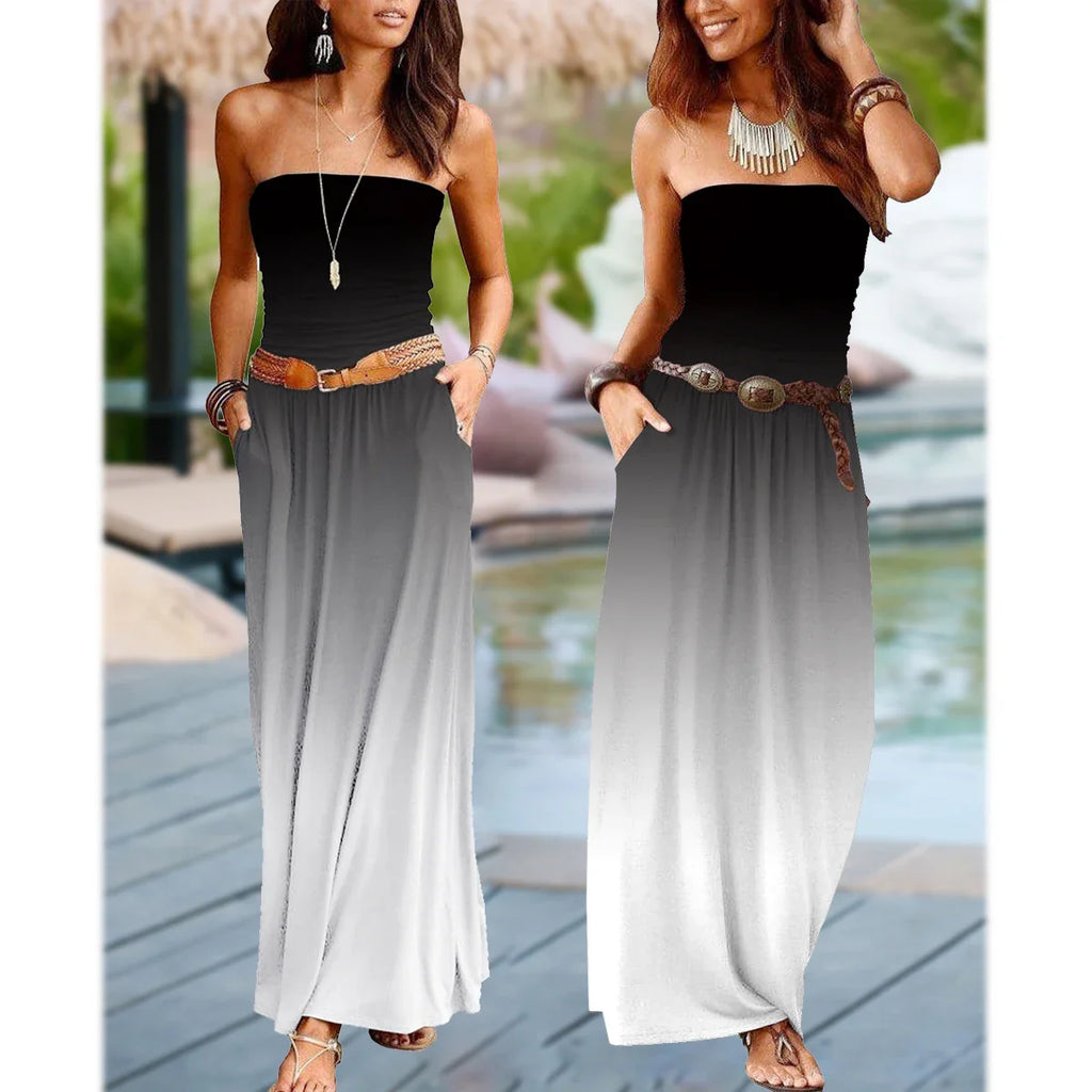 Strapless Maxi Dress With Pockets Off Shoulder Pleated