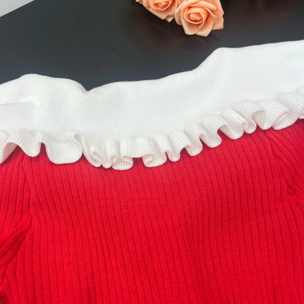 Ribbed Knit Bodycon Dress For Women With Long Ruffles