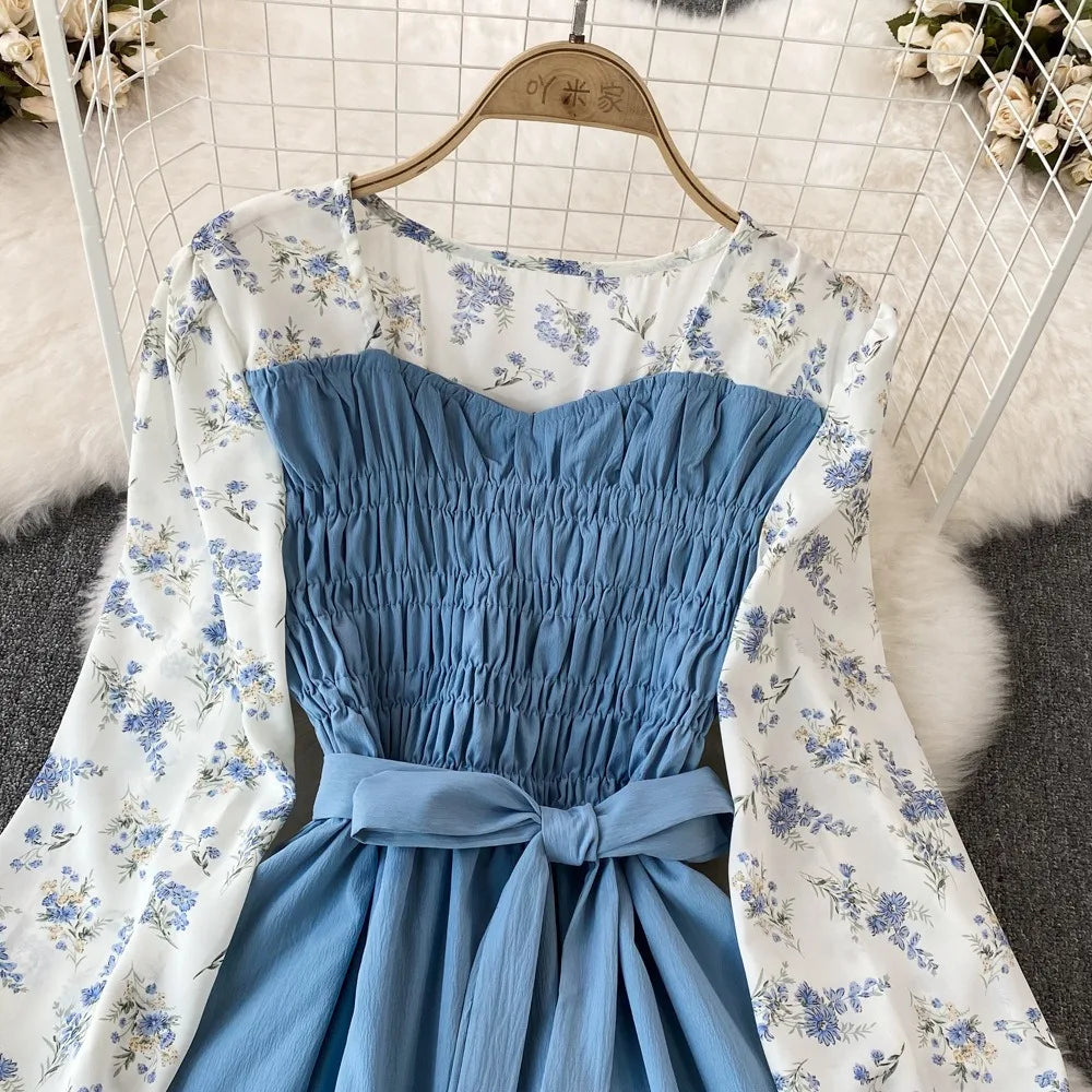 Floral Print Long Sleeve Womens Dress Vintage Bandage Waist