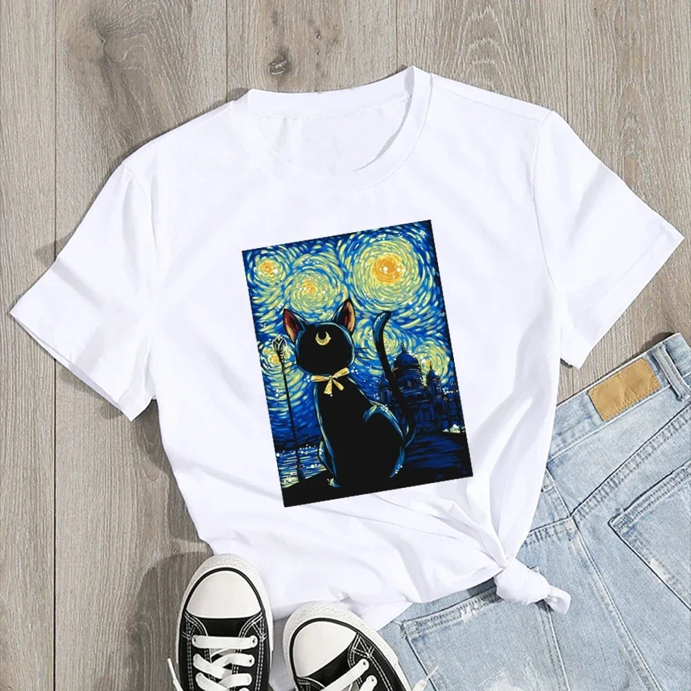 Aesthetic Van Gogh Starry Night Cat Print Women's Short Sleeve T-Shirt