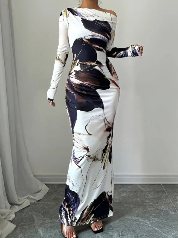 Elegant Slim Fit Printed Long Sleeve Dress For Women