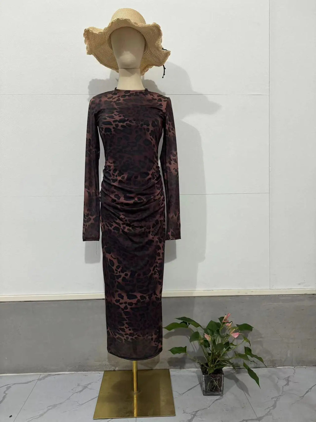 Leopard Print Bodycon Dress Retro Long Sleeve Party Dress