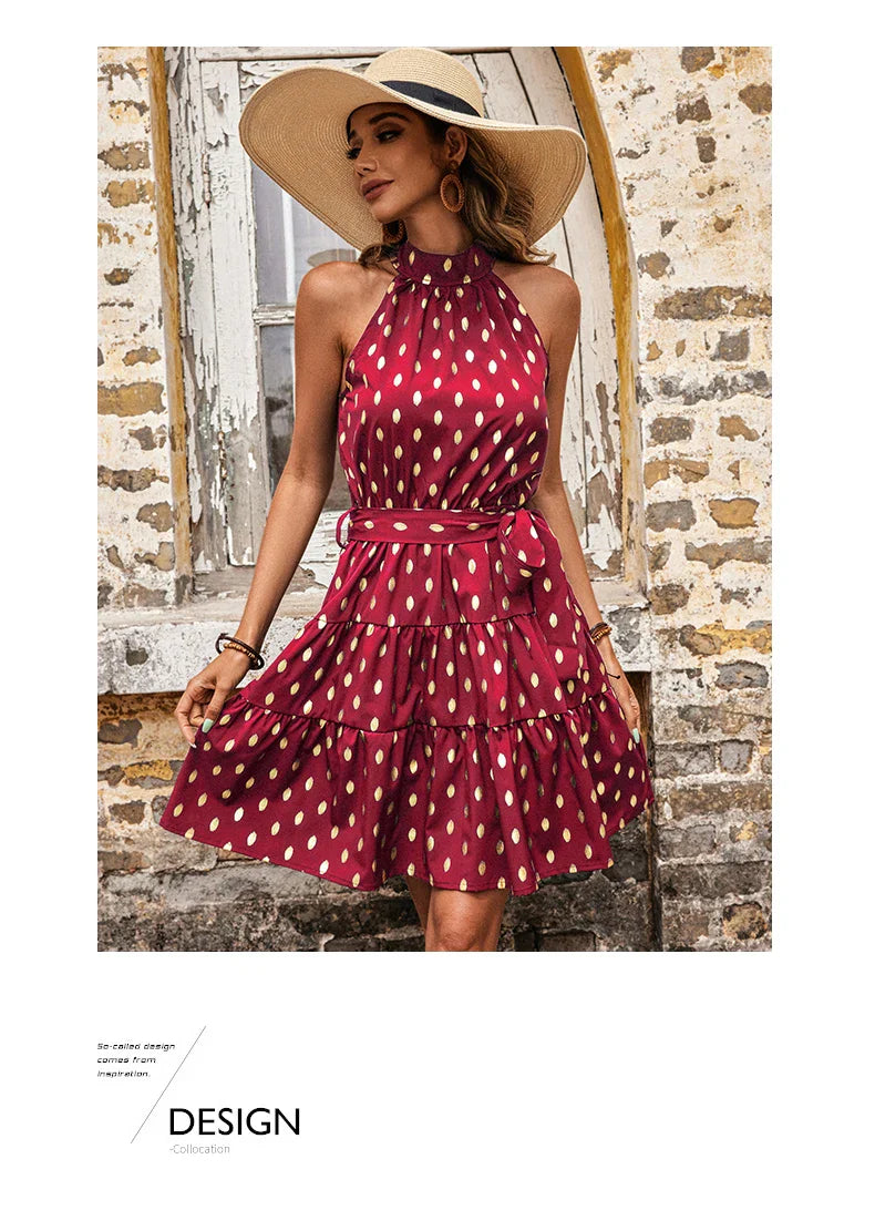 Sleeveless Dot Print Midi Dress With A Line Silhouette