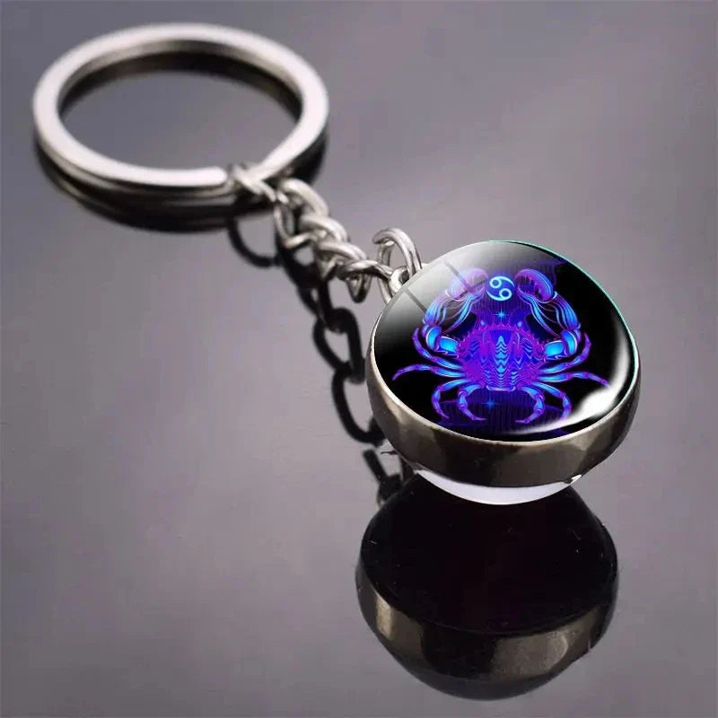 Luminous Zodiac Key Chain Double Sided Glass Ball Pendant for Men and Women Birthday Gift