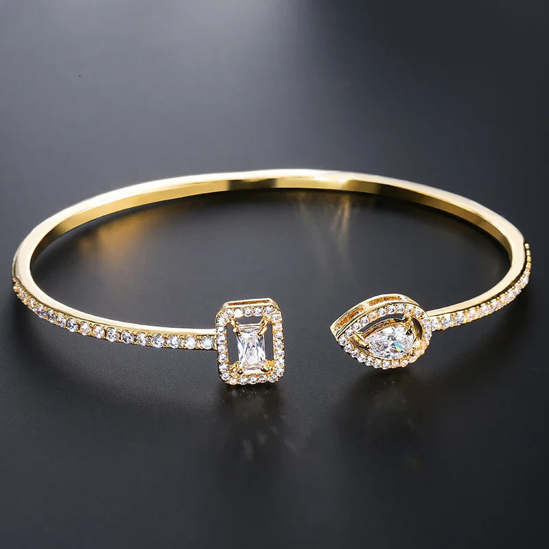 Geometric Gold Color Cuff Bangle with Cubic Zirconia for Women Fashion Jewelry