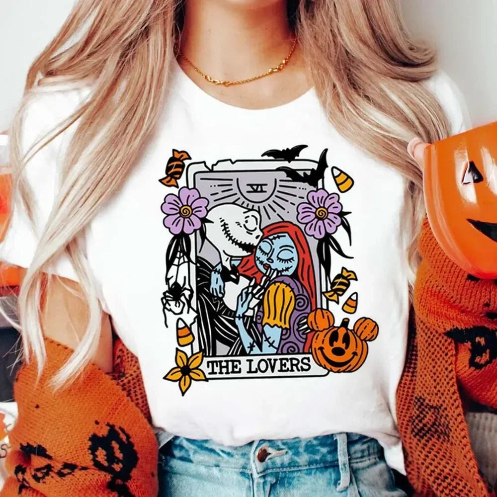 Halloween Tarot Print Cartoon T-Shirt Casual O-Neck Top for Fun and Versatile Style