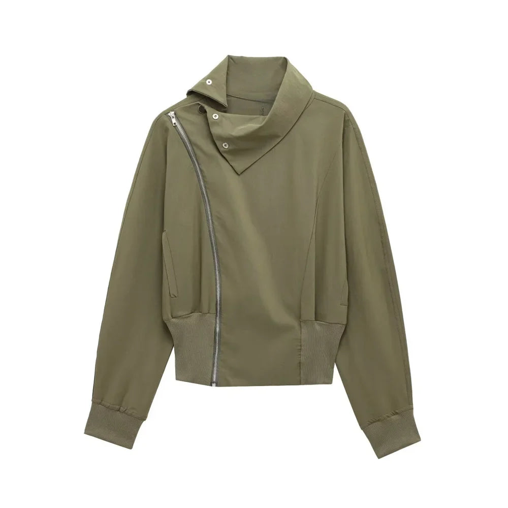 Olive Green Cowl Neck Asymmetric Zip Jacket with Elastic Waist Wide Leg Cargo Pants Set for Trendy Women's Fashion