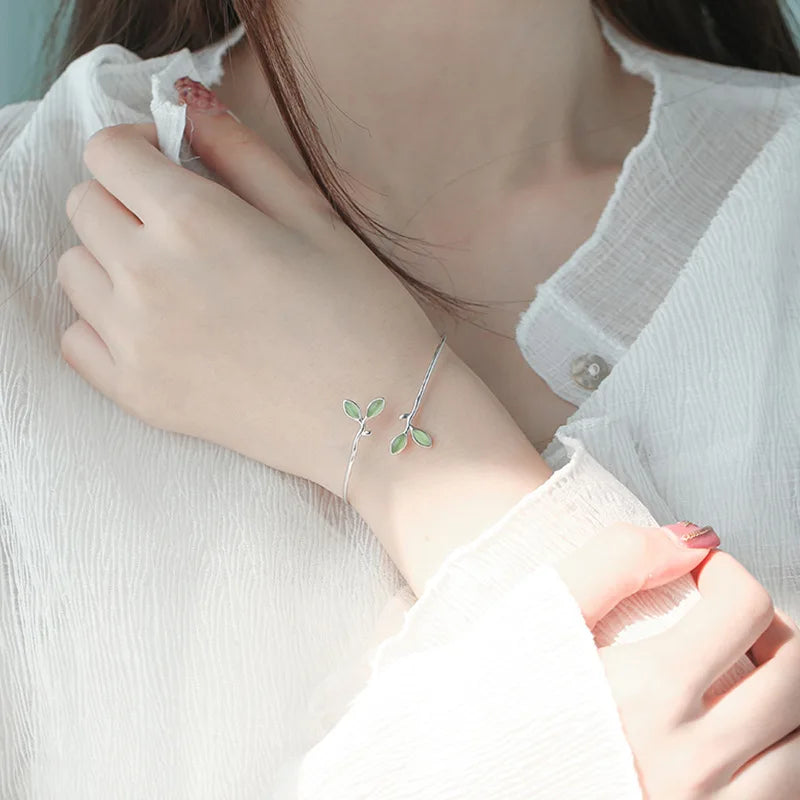 925 Sterling Silver Bangle with Green Opal Leaf Design for Women - Elegant Twigs Branch Jewelry Gift